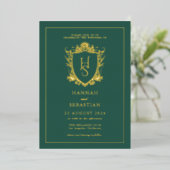 Groen Oud Geld  Crest Wedding Folie Uitnodiging (Staand Voorkant)