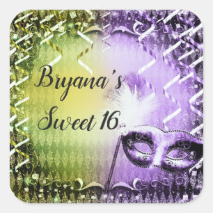 Groen & Paars Masquerade Masker Mardi Gras Feest Vierkante Sticker