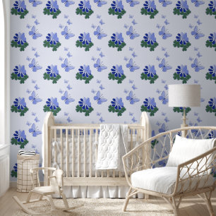 Groen Paarse Blauwe Doodle Bloeit Vlinders Accent Behang