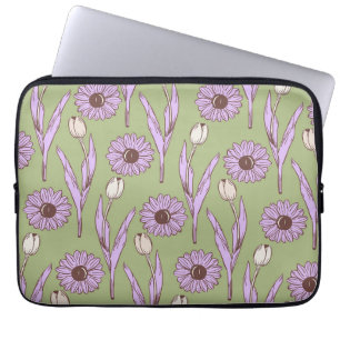Groen Paarse Retro Y2K Funky Hippie Bloempatroon Laptop Sleeve