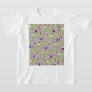 Groen Paarse Retro Y2K Funky Hippie Bloempatroon T-shirt