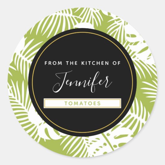 Groen palm Leaves Rainforest Pattern Kitchen Ronde Sticker (Voorkant)