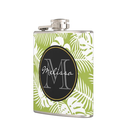 Groen palm leves regenwoud Monogram Heupfles (Links)