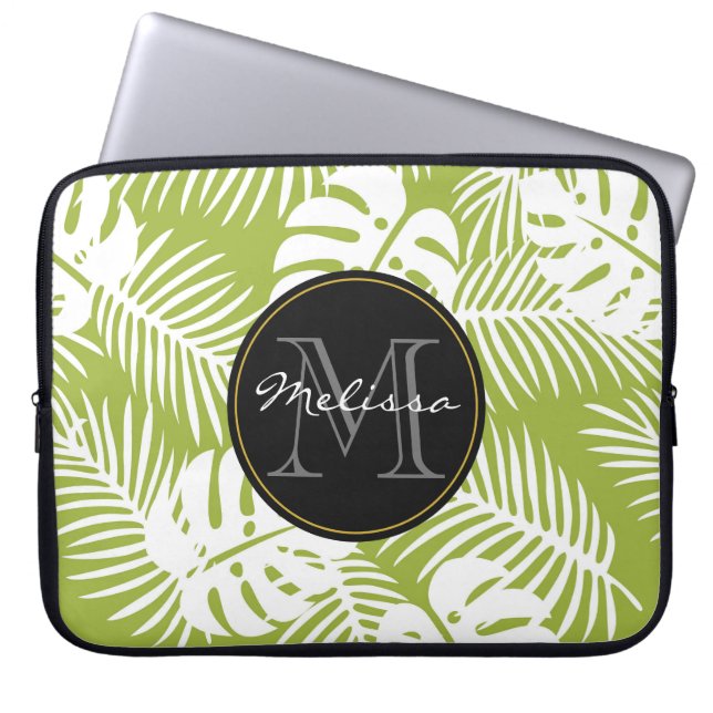 Groen palm leves regenwoud Monogram Laptop Sleeve (Voorkant)