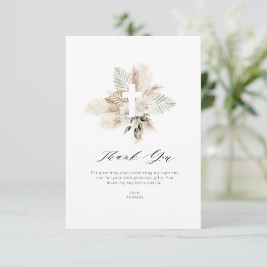 groen pampas bloemendoop bedankje kaart (Staand voorkant)