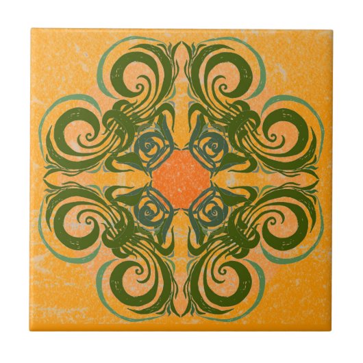 Groen Patroon en Oranje Retro Tegels Tegeltje (Voorkant)