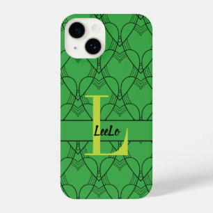 Groen Patroonmonogram voor harten en Aangepaste na iPhone 14 Hoesje