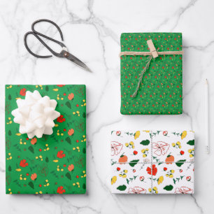 Groen patroonrood sinaasappel wildflower wrapping inpakpapier vel