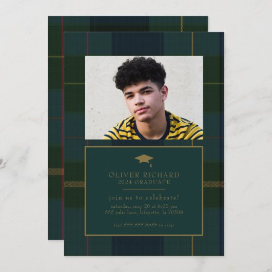 Groen Plaid Afstuderen Aankondiging Uitnodiging (Voorkant / Achterkant)