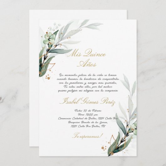 Groen Quinceanera uitnodiging in het Spaans (Voorkant / Achterkant)