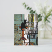 groen raam met zwarte kat briefkaart (Staand voorkant)