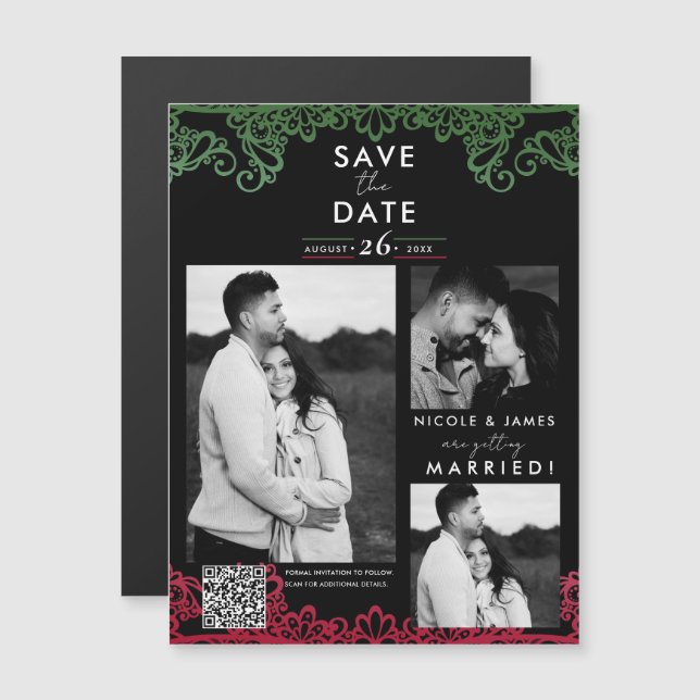 Groen & Rode kant Fiesta Wedding Save the Date (Voorkant / Achterkant)
