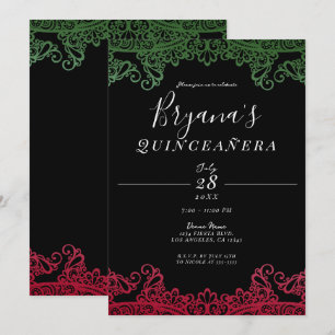 Groen & Rood Ellegant Zwart 15e Quinceañera Feest Kaart