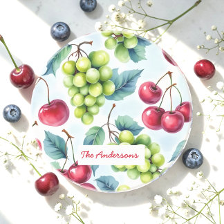 Groen Rood Fruit Voedsel Patroon Druiven Cherry Zandsteen Onderzetter