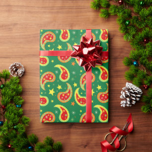 Groen, rood & geel Kerst Paisley ster patroon Cadeaupapier