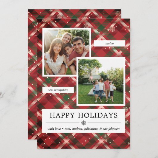 Groen rood geruit 2 foto's feestdagenkaart (Voorkant / Achterkant)