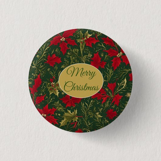 Groen Rood Goud, Holly en Amaryllis Kerstmis Ronde Button 3,2 Cm (Voorkant)