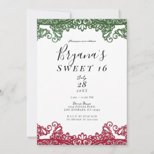 Groen & Rood Kant Elegant Feest Zoete 16 Feest Kaart