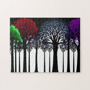 Groen Rood Paarse Bladeren op Zwart Silhouetbos Legpuzzel