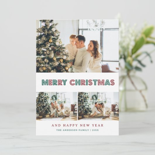 Groen Rood Sneeuw Sterren Moderne Fotocollage Feestdagenkaart (Staand voorkant)