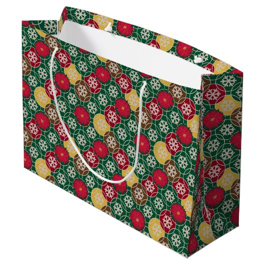 Groen, rood, sneeuwvlokken Gift Bag - Groot, glanz Large Cadeauzakje (Achterkant Gekanteld)