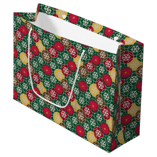 Groen, rood, sneeuwvlokken Gift Bag - Groot, glanz Large Cadeauzakje (Voorkant Gekanteld)