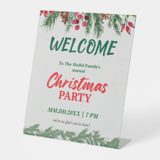 Groen & Rood Vintage Foto Familie Kerstfeest Reclamebord Met Voetstuk