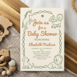 Groen & Rood Vintage handgetekende Dieren Baby Sho Kaart