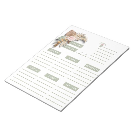 Groen Roze Beige Bloem Boho Weekplanner Pagina's Notitieblok (Schuin)