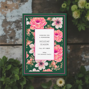 Groen Roze Bloemen Waterverf Vakantie Kaart