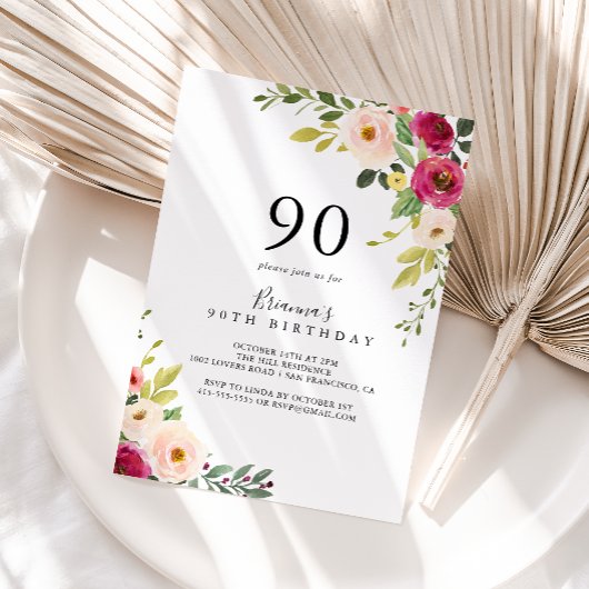 Groen Roze Blush Bloemen 90ste Verjaardagsfeestje Kaart