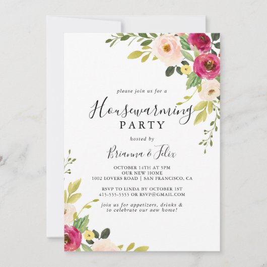 Groen Roze Blush Bloemen Housewarming Party Kaart (Voorkant)