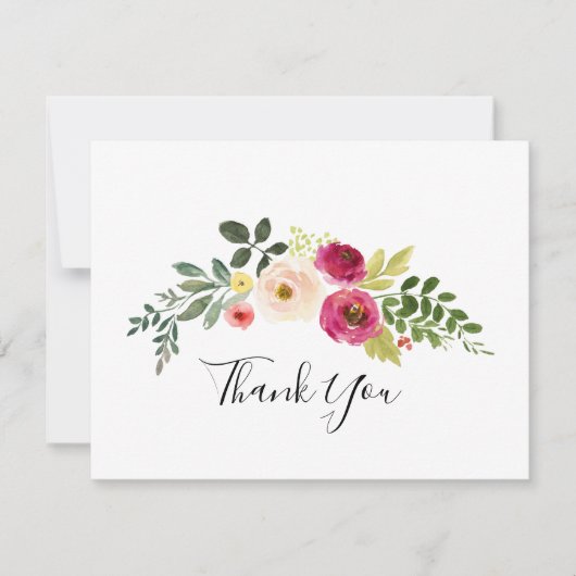 Groen Roze Blush Bloemen Platte Bruiloft Bedankkaart (Voorkant)