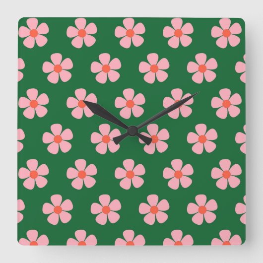 Groen Roze Bold Y2K Wildflower Levendige Home Deco Vierkante Klok (Voorkant)
