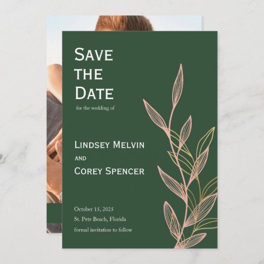 Groen Roze en Gouden Blad Bruiloft Save the Date Kaart (Voorkant / Achterkant)