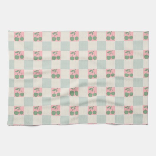 Groen Roze Esthetische Kersen Geruite Y2K Patroon Theedoek (Horizontaal)