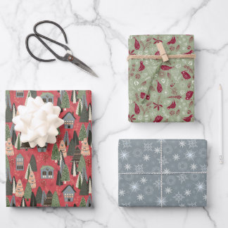 Groen Roze Grijs Kerstbos Dorp Inpakpapier Vel