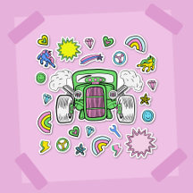 Groen roze Hot Rod Car en Eenhoorn sticker blad
