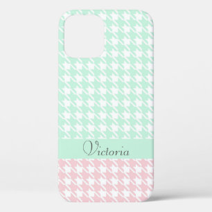 Groen roze pastel naam Houndstooth Pattern Modern iPhone 12 Hoesje
