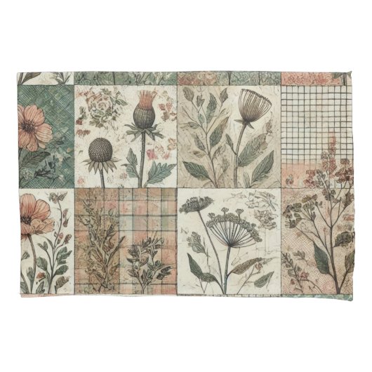 Groen Roze Patchwork Quilt Rustieke  Bloemen Kussensloop (Voorkant)