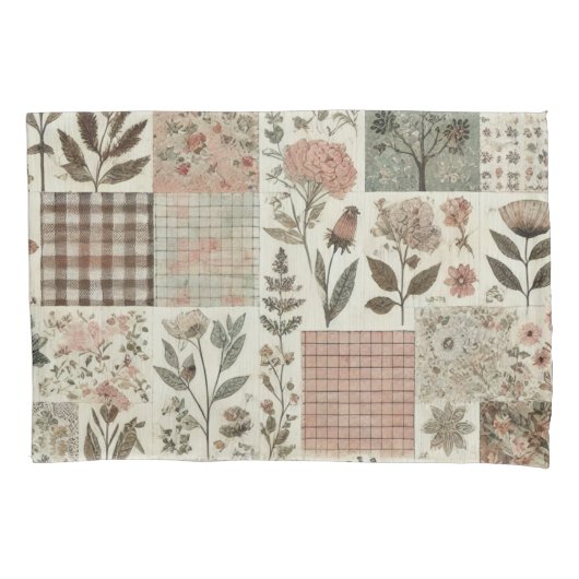 Groen Roze Patchwork Quilt Rustieke  Bloemen Kussensloop (Voorkant)