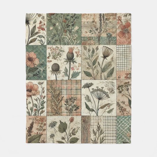 Groen & Roze Patchwork Rustiek Retro  Bloemen Fleece Deken (Voorkant)
