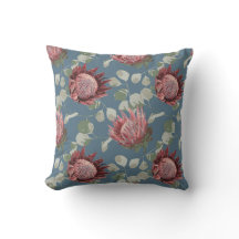 Groen & Roze Protea op Grijs Blauw Accentkussen