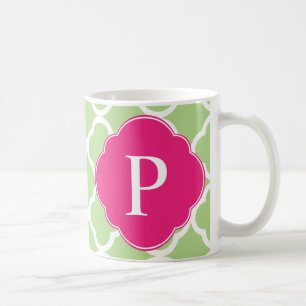 Groen roze Quatrefoil Monogram Koffiemok