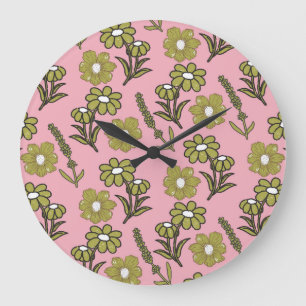 Groen Roze Retro Y2K Funky Hippie Bloempatroon Grote Klok