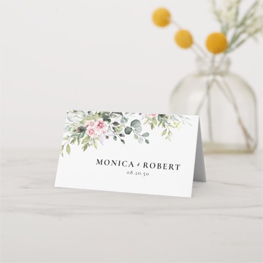groen roze roos bruiloft gevouwen plaats kaarten (Voorkant)