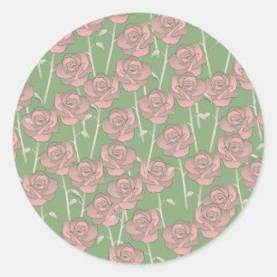 Groen Roze Roos Retro Y2K 70s Bloempatroon Ronde Sticker