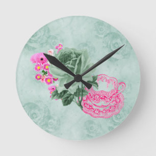Groen&Roze Teacup&Flowers Ronde Wandklok Klok
