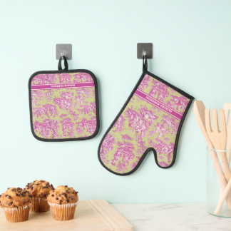 groen roze toile de jouy bedrukt ovenwant & pannenlap set