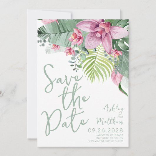 Groen Roze Tropische Bloemen Huwelijk Save The Date (Voorkant)